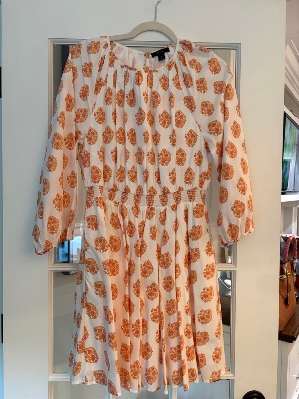 J. Crew White Dress with Orange Floral Medallion Print